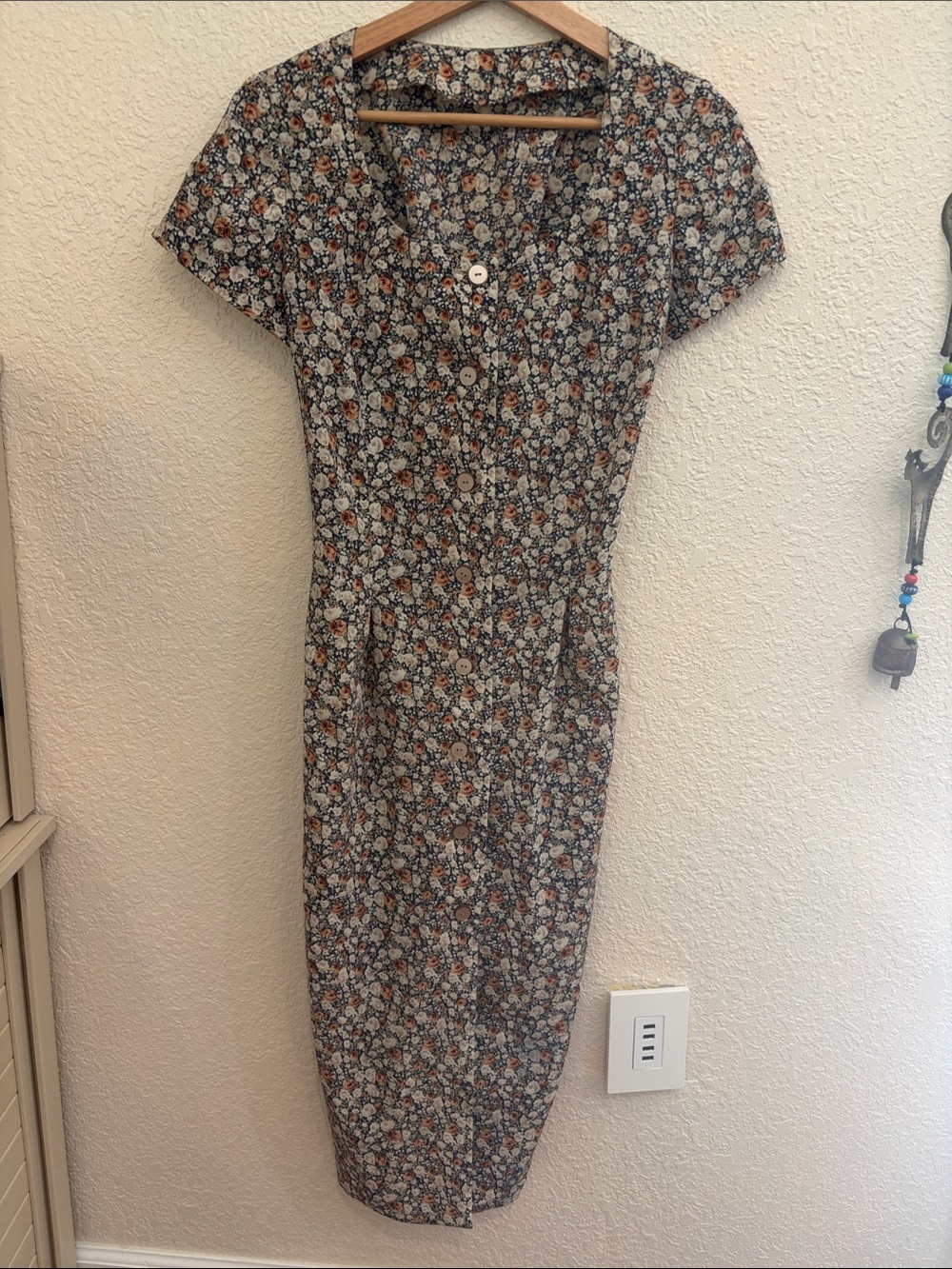 Vintage Floral Button-Front Corset Back Midi Dress